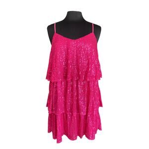 Vine & Love Pink All Over Sequin Tiered Mini Dress Size SMALL Fairy Disco Prom
